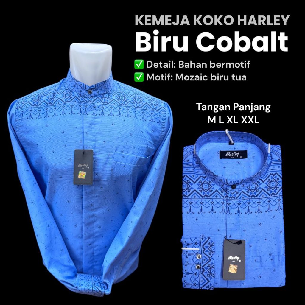 kemeja Koko kemko Harley original terbaru lengan panjang warna biru baju muslim terbaru