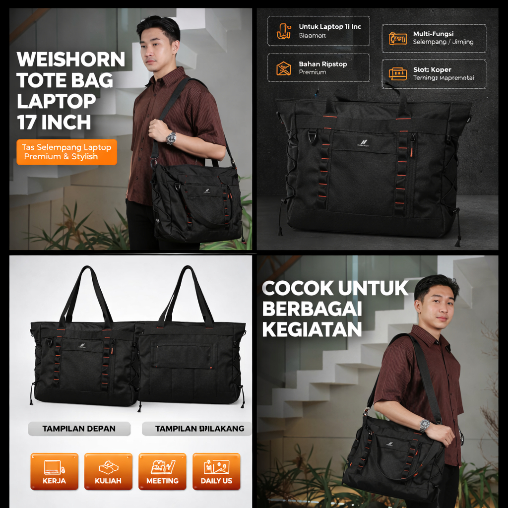 Weishorn Tote Bag Laptop 17 Inch Tas Laptop Pria Wanita