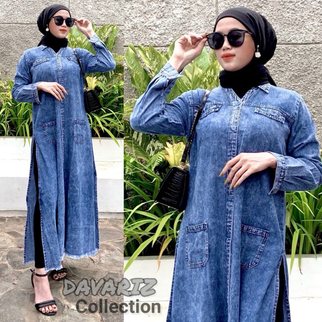 DAVARIZ LONG TUNIK JEANS MIDI DRESS OUTER RAWIS KANCING DEPAN HIDUP