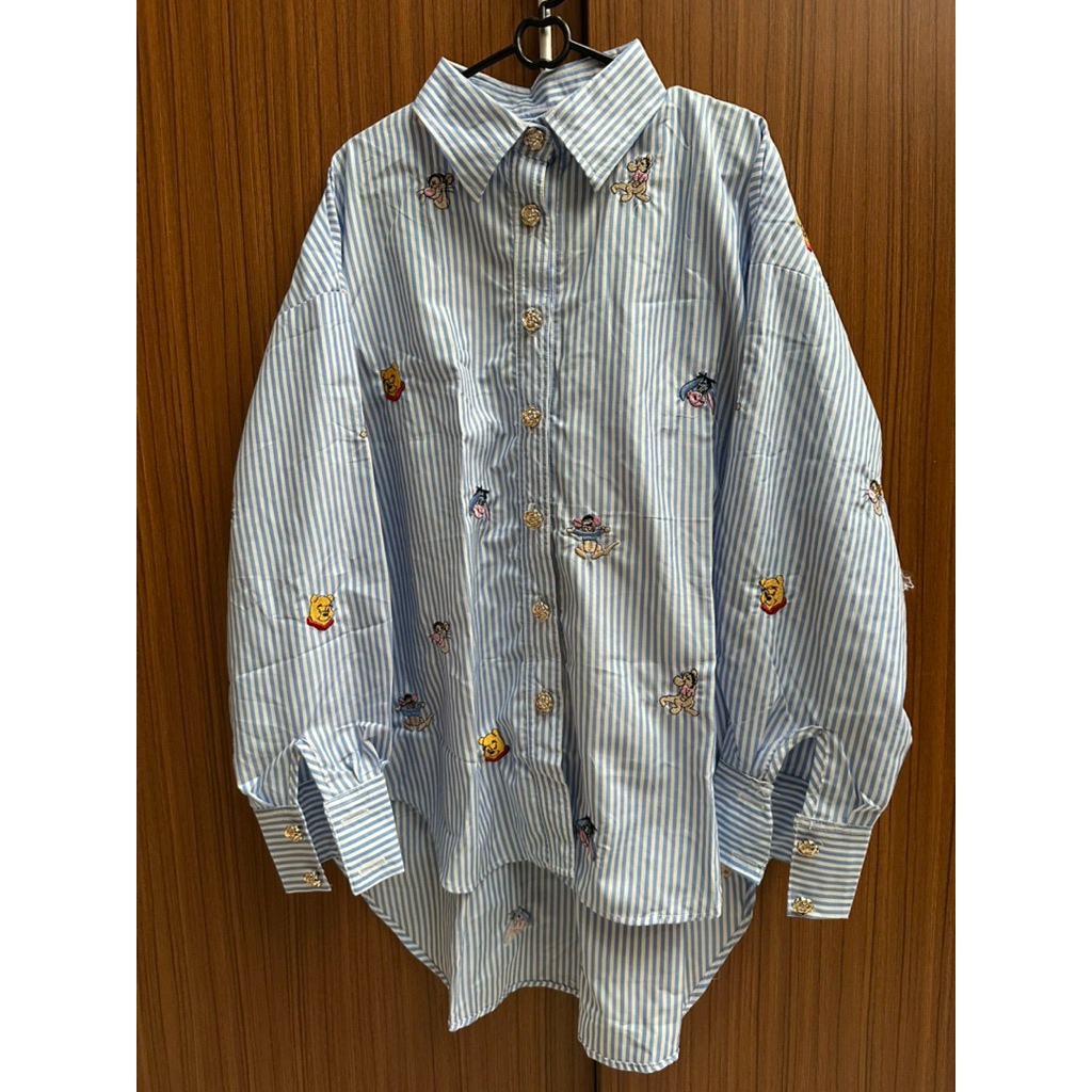 Kemeja wanita garis bordir motif disneyy jumbo lengan panjang