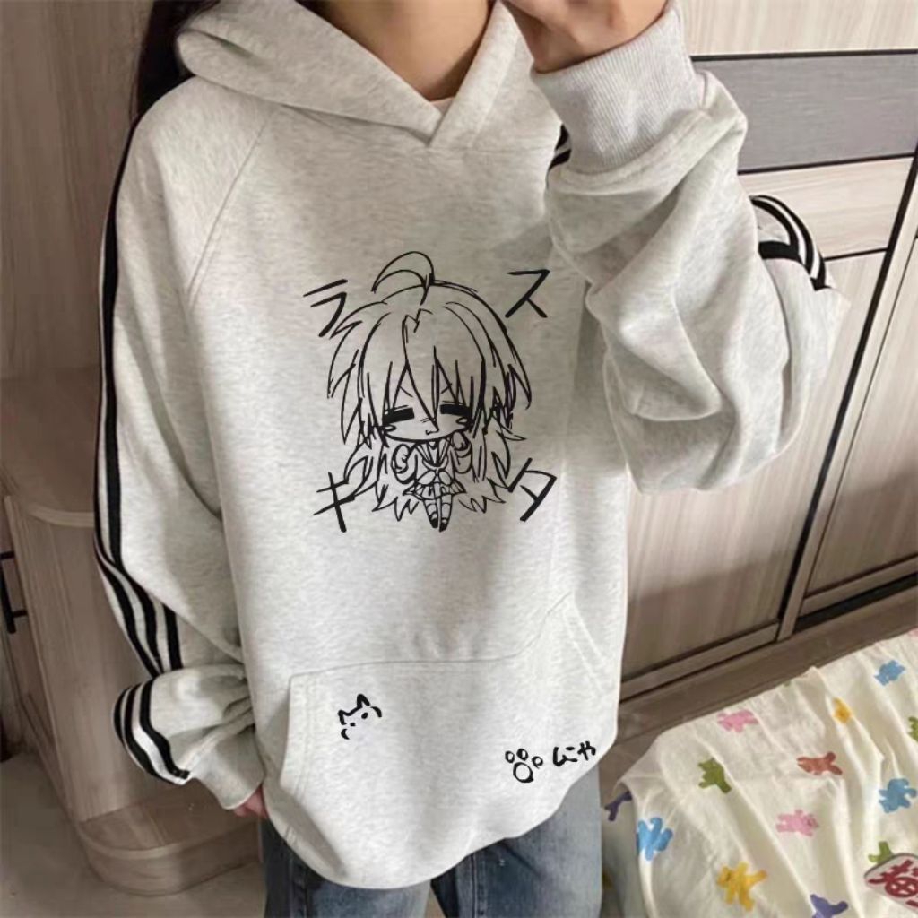 Hoshi Hoodie Wanita Aesthetic Jepang Chibi Anime Abu-Abu | Sweater Oversize Cute Korean Style