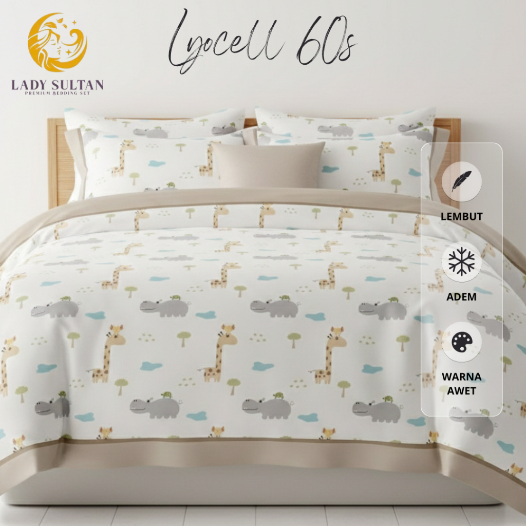 Lady Sultan Bedcover Set Sutra Organik 60s Motif Anak Gajah, Jerapah & Beruang