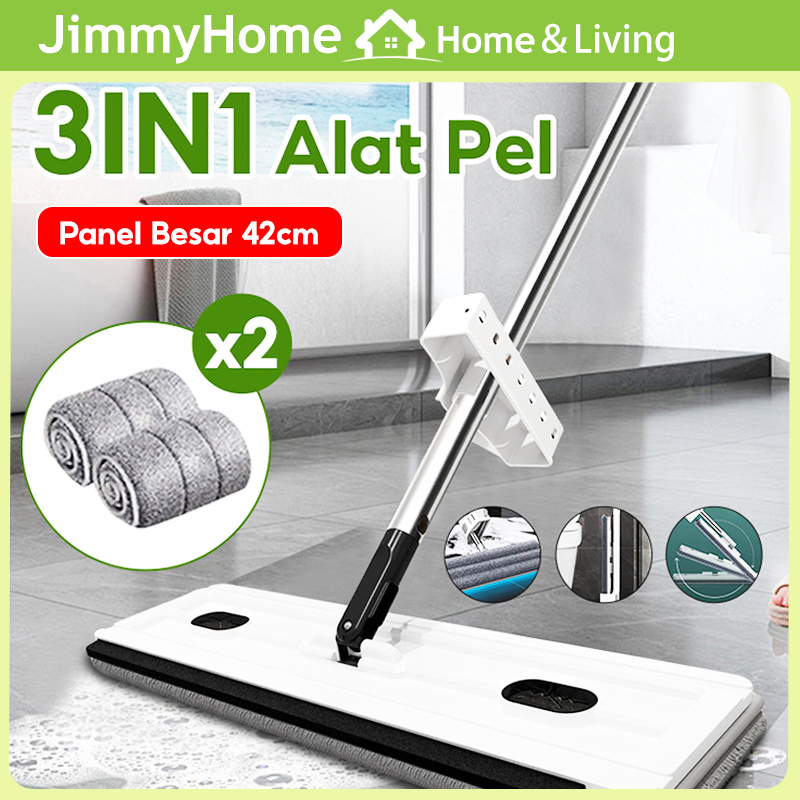 JimmyHome 42cm Alat Pel Lantai Datar Jumbo Pel Cuci Peras Otomatis Memiliki Wiper Anti Karat Kain Mi