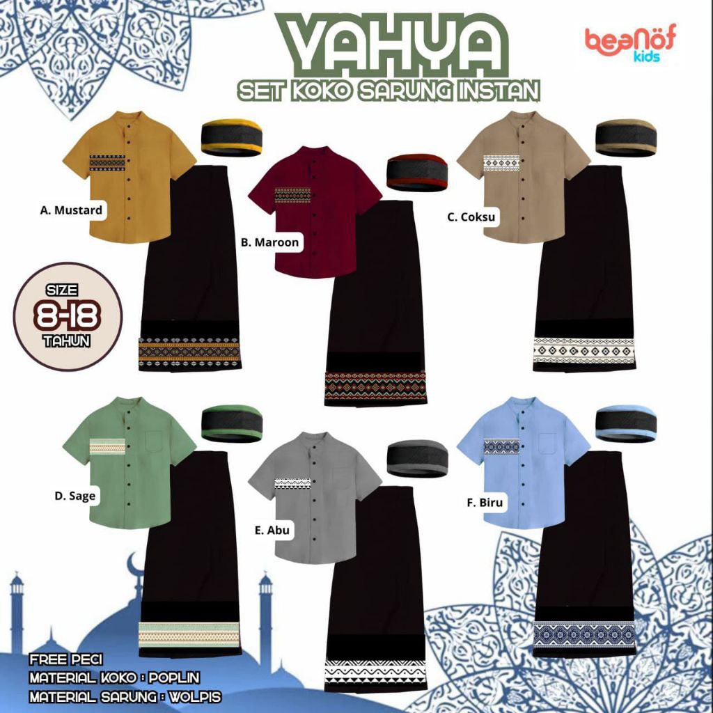 [ YAHYA SET ] BY BEANOF Setelan koko sarung peci untuk anak kecil baju muslim anak cowok buat jumata