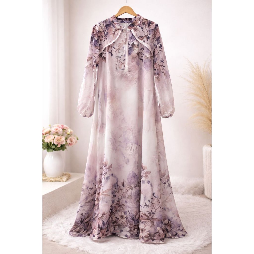 Gamis Dress Lionel Ricci Motif Bunga Kembang All Size Cotton Silk Rose Gold
