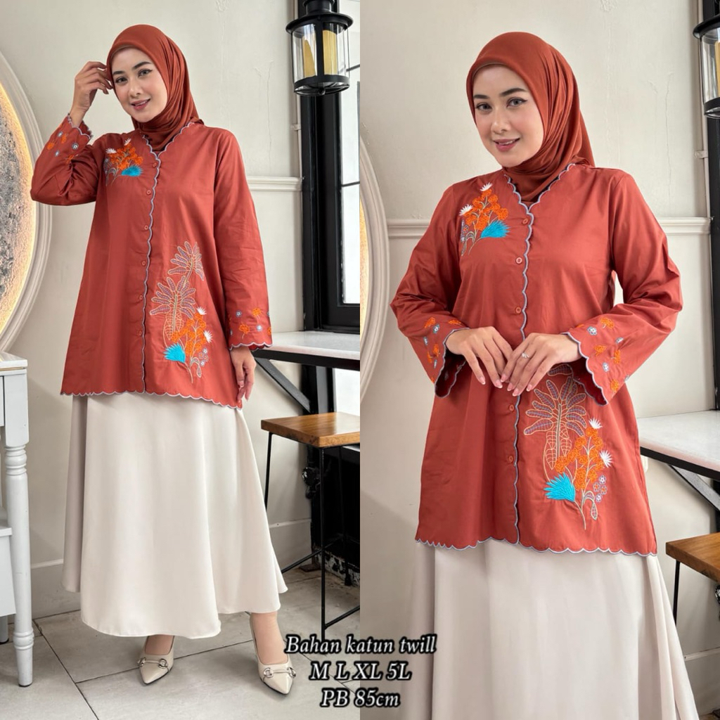 TUNIK KATUN JEPANG BORDIR BUNGA | KEMEJA TUNIK BORDIR | ATASAN WANITA MUSLIMAH | ATASAN TUNIK TERBAR