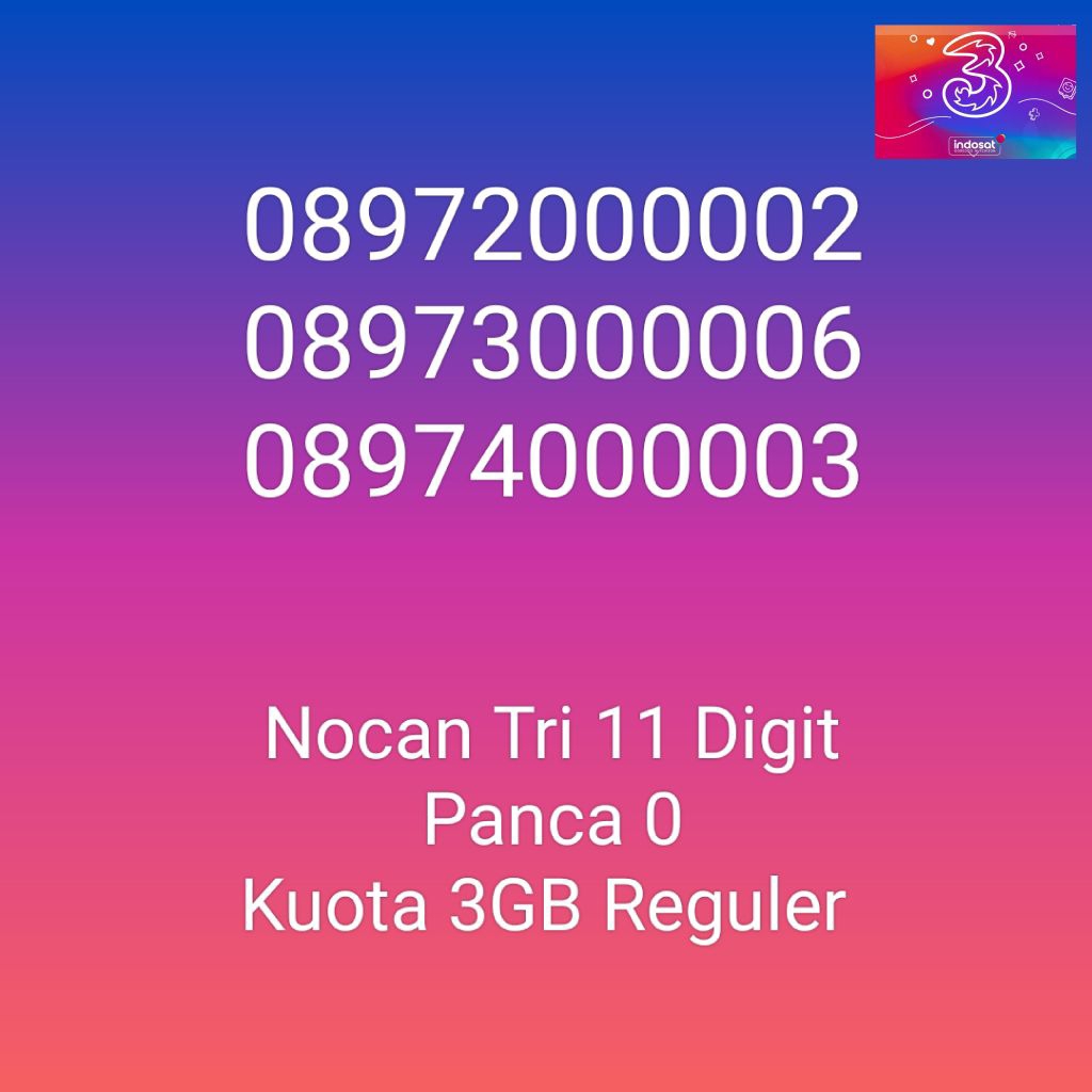 NOCAN Nomor Cantik 11 Digit Panca 0 Tengah Kuota 3GB Kartu Perdana 3 Tri Three 4G LTE REGULER
