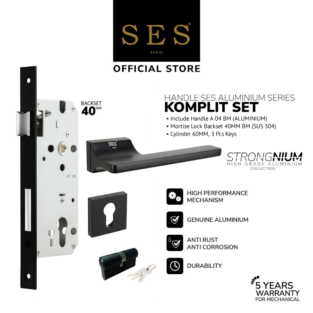 Gagang Pintu Set - Handle Pintu SES Aluminium A04 BM + Body Kunci SES ECO E2030 - 40mm BM