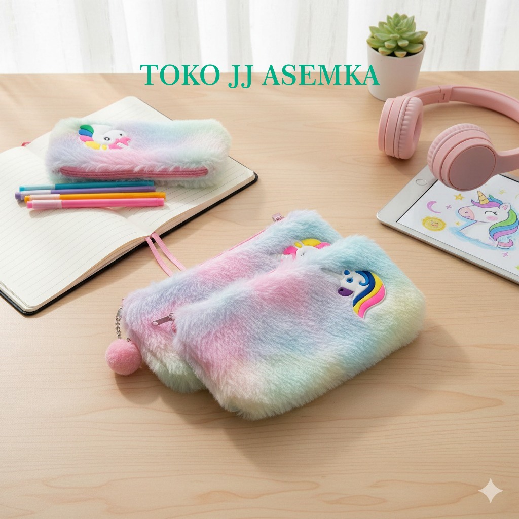 KOTAK PENSIL BULU BULU RAINBOW UNICORN LOGO TEPAK TEMPAT ATK ALAT TULIS SEKOLAH ANAK GROSIR COD