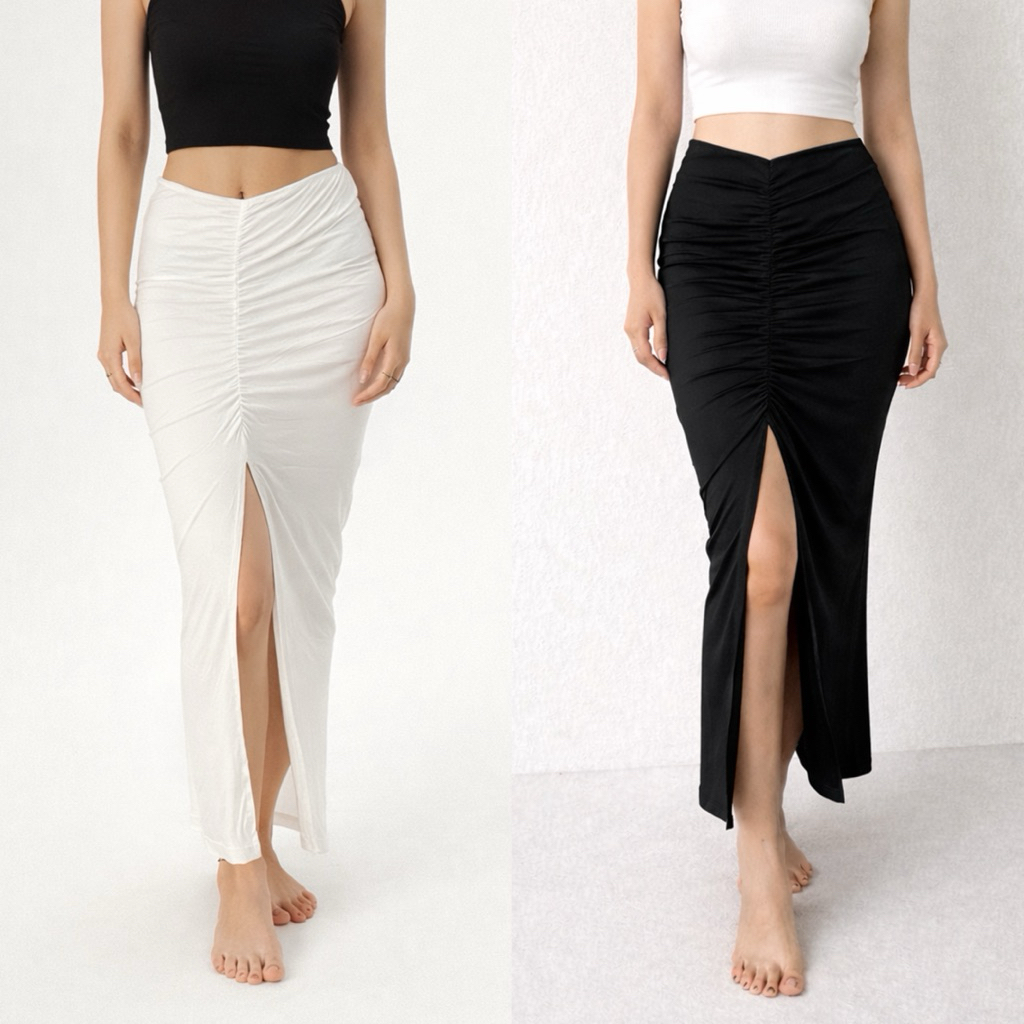 MIANABALI - DILLA  Rok Belah Panjang Serut Rayon Spandek | Rok pesta | rok polos