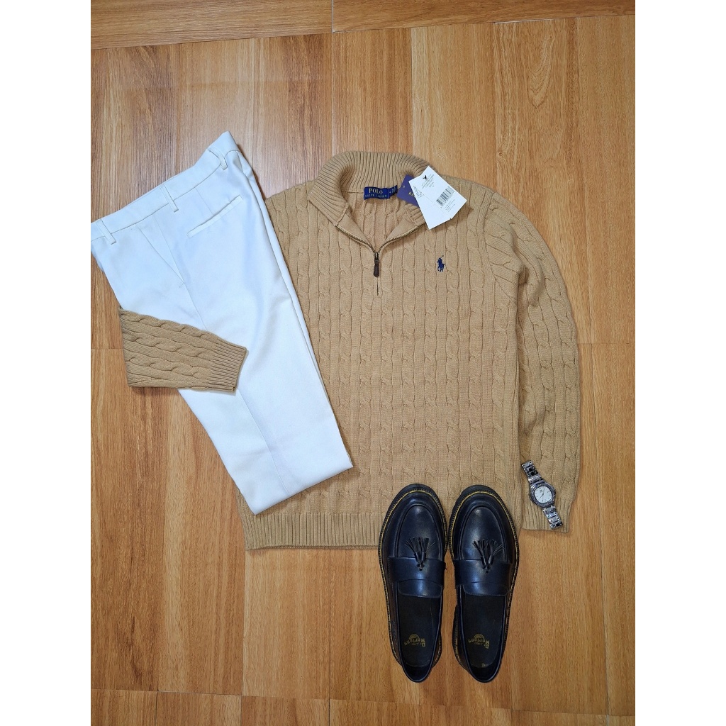 New Cable Knit Quarter Zip Sweater Brown Ralph Lauren Pria Wanita Cotton Original