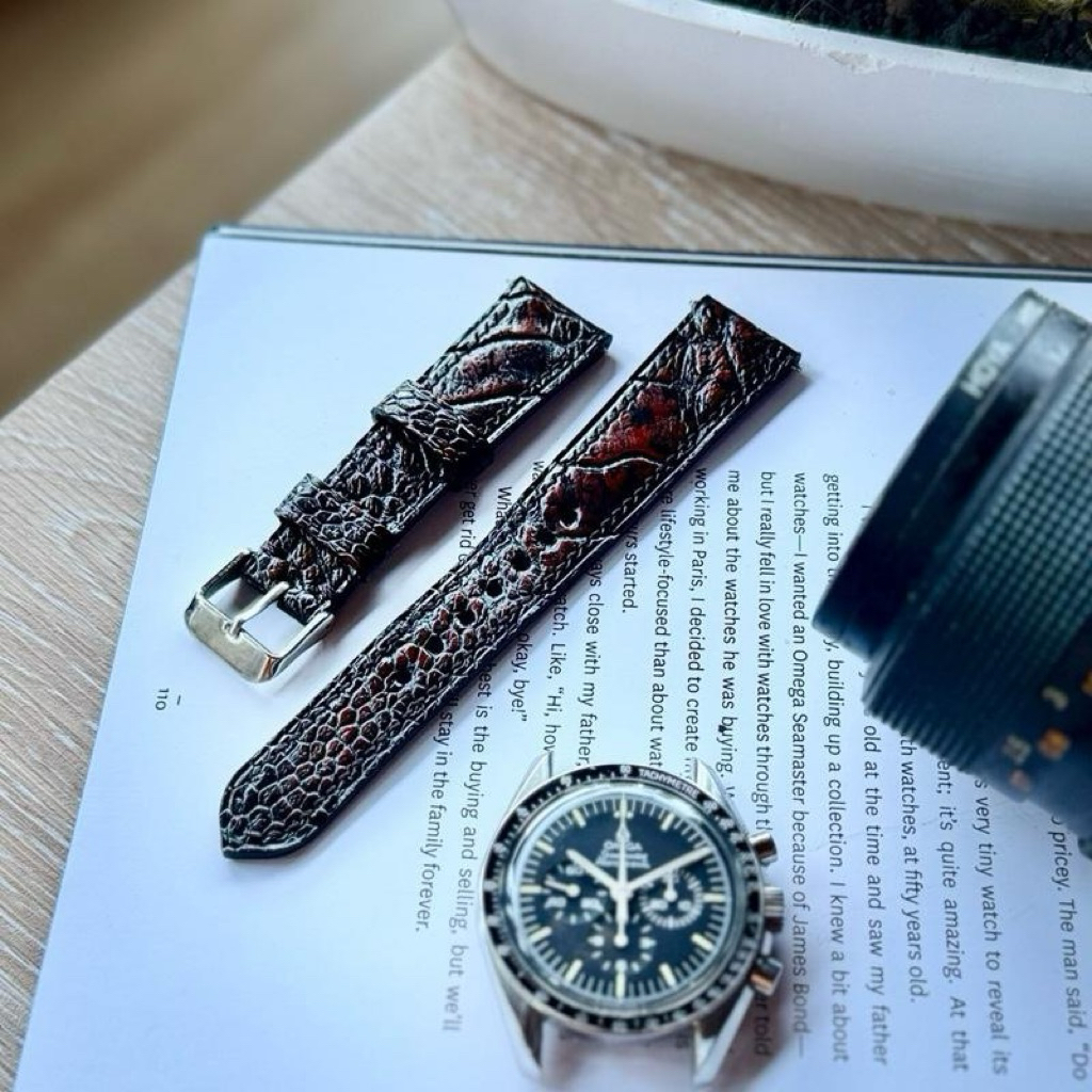 Tali jam tangan ostrich 20 mm. Dark brown ostrich leather strap