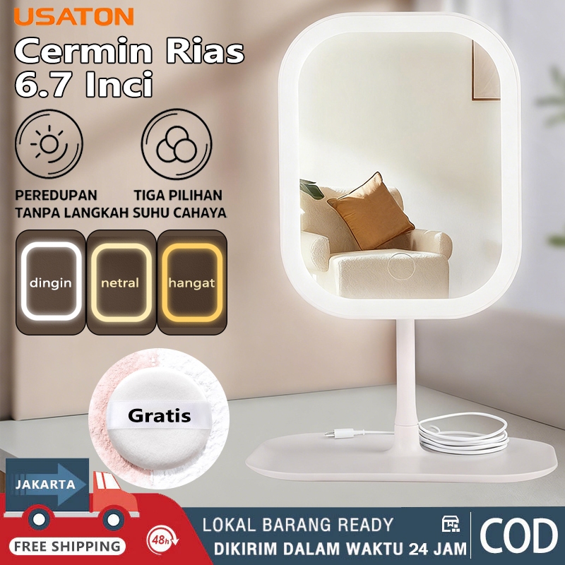 Cermin Makeup LED Aesthetic Kaca Berdiri Lipat Mini, Standing Mirror Kecil Estetik dengan Lampu, Rak
