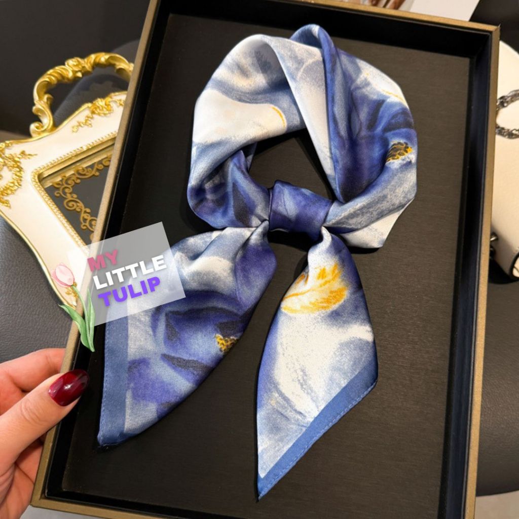 Scarf Biru Mewah 70x70 cm / Syal Premium Blue Abstract / Syal Satin Sutra Keren / Syal Gradasi Canti