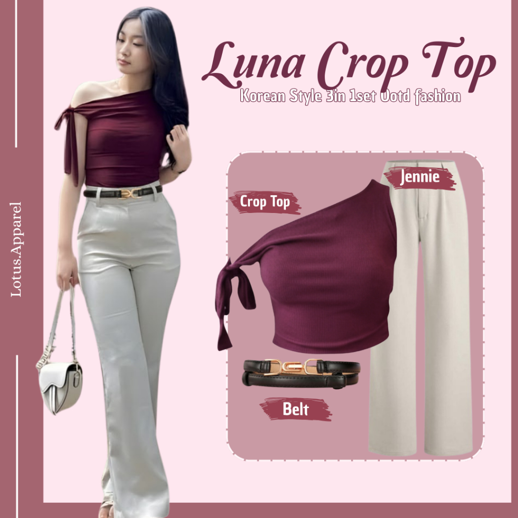 Top Outfit Korean Style 4 in 1Set (Croptop+Belt+Celana Jennie) Kekinian Luna Crop Top