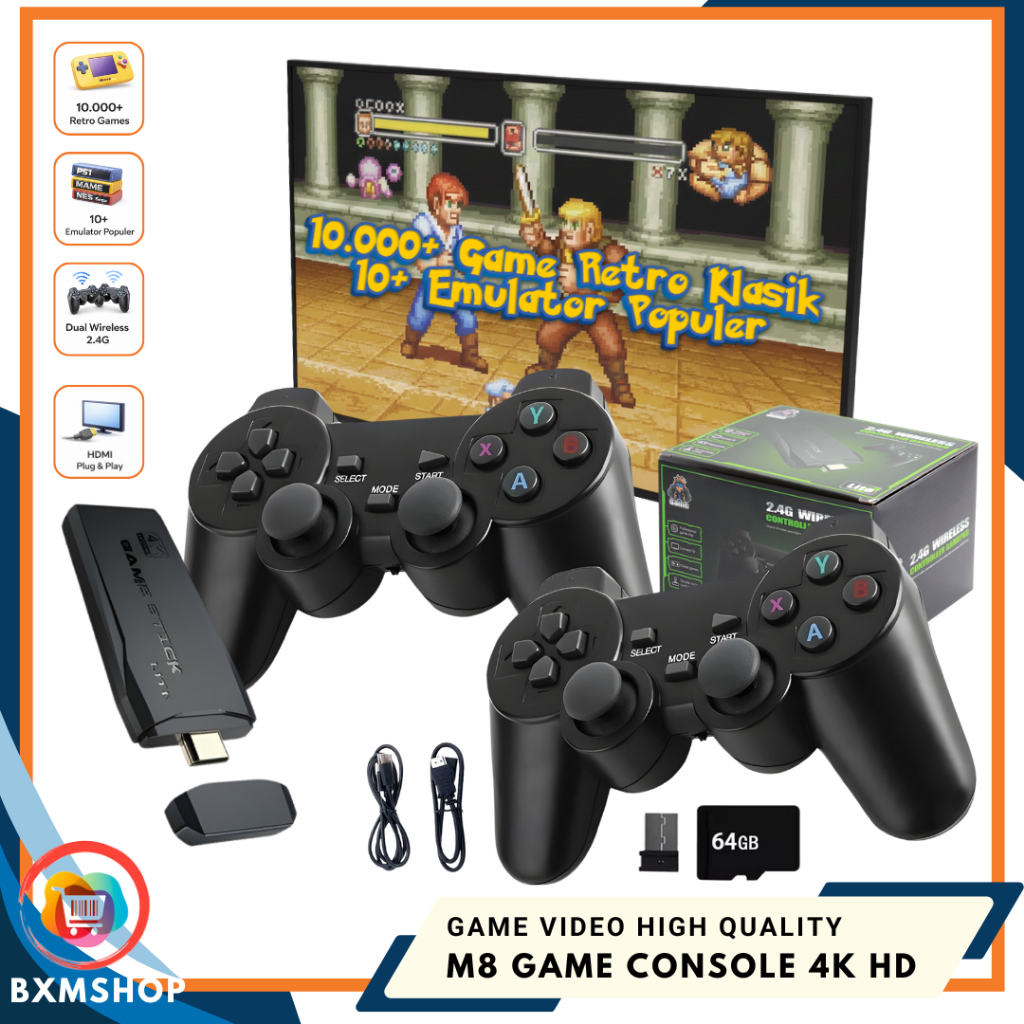 Game Stick M8 Lite 4K Retro 10.000+ Game – Dual Wireless Controller HDMI TV Plug & Play 10+ Emulator