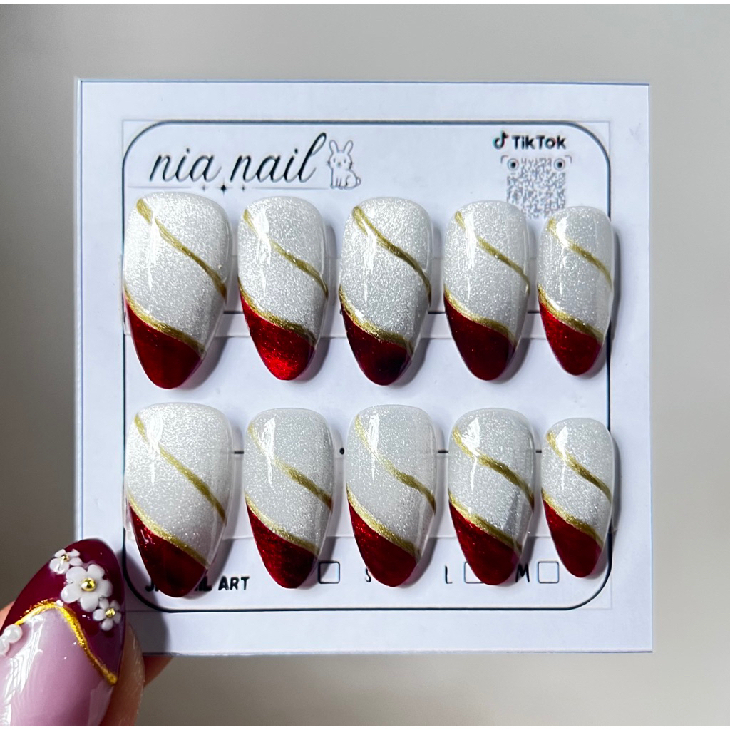 Kuku Palsu Cat Eye Motif Putih Dengan Sedikit Merah Di Ujung Kuku GRATIS Lem Gel & Toolkit