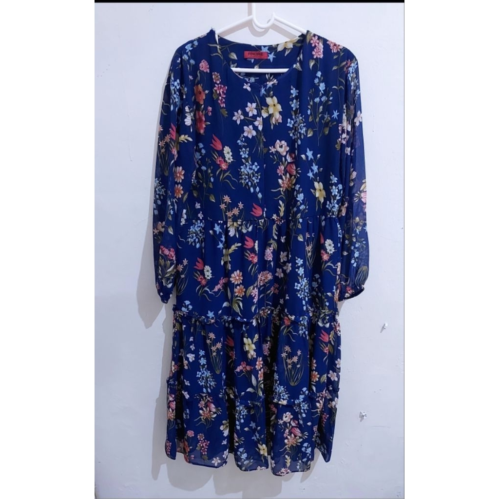 Tunik Motif Bunga Navy Model Susun (Tiered Dress) - Daily Wear Murmer