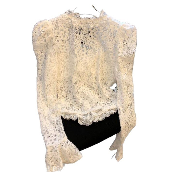 Pola rajutan berongga vintage Prancis v Blus berkerah renda dengan lengan lonceng