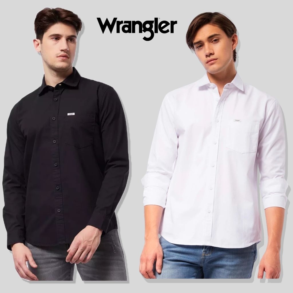 Kemeja Wrangler Tangan Panjang Polos Warna Putih Dan Hitam Original Atasan Kemeja Formal Pria tangan