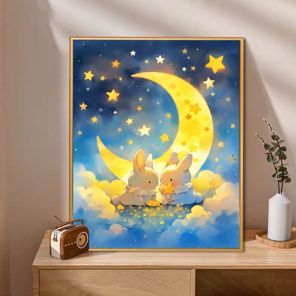 UnikTemu Paket Cross Stitch Kristik Little Rabbit Moon 9ct 11ct Pola Kain