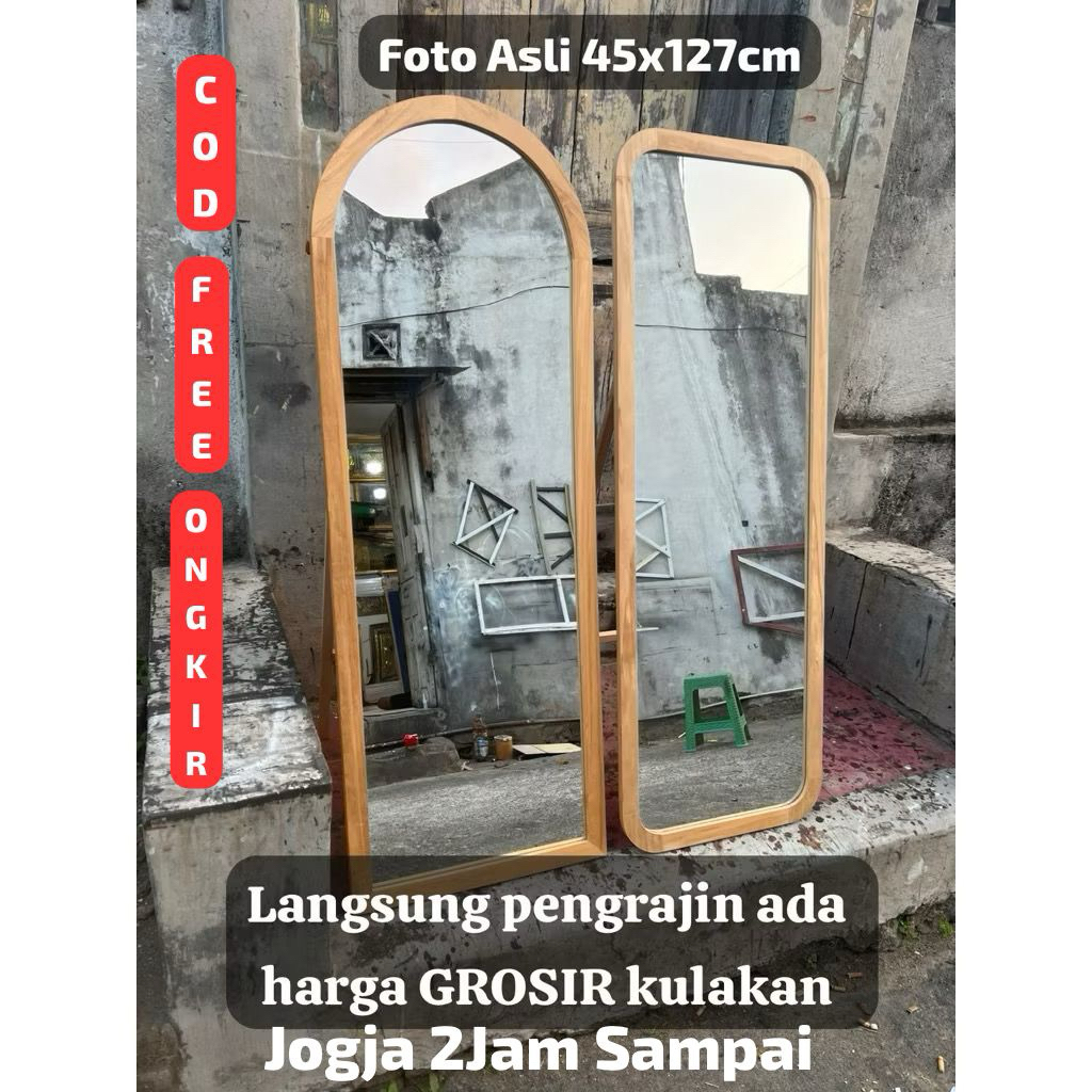 BERGARANSI Standing Mirror fullbody Lengkung 45x127cm LUAR KOTA GRATIS PACKING KAYU/JOGJA FREE ONGKI
