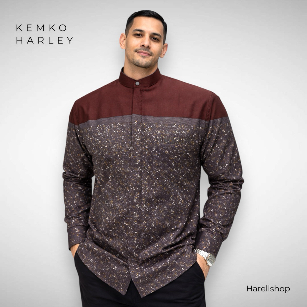Kemko Harley Motif Corak Premium Warna Coklat Mahogani | Kemeja Koko Pria Lengan Panjang Elegan
