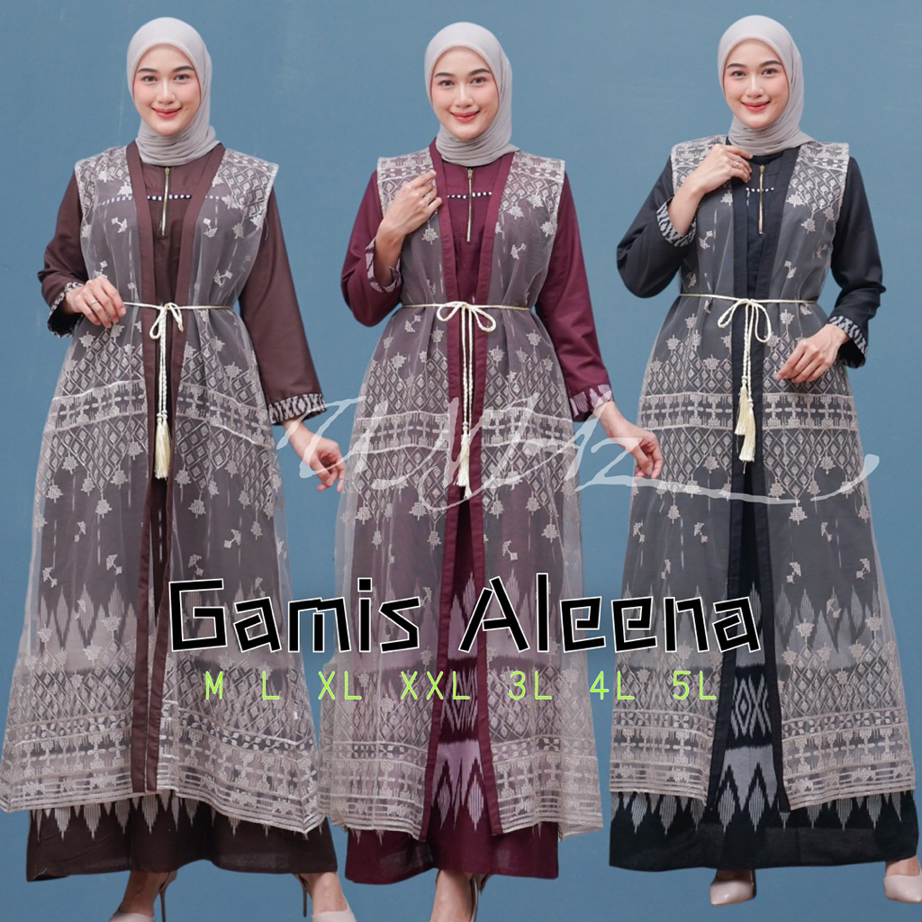 UNJAZ - Set Gamis Aleena Rompi Lepas Tille Bordir Skin Burgendi Mahogani Hitam Ready Sampai Super Ju