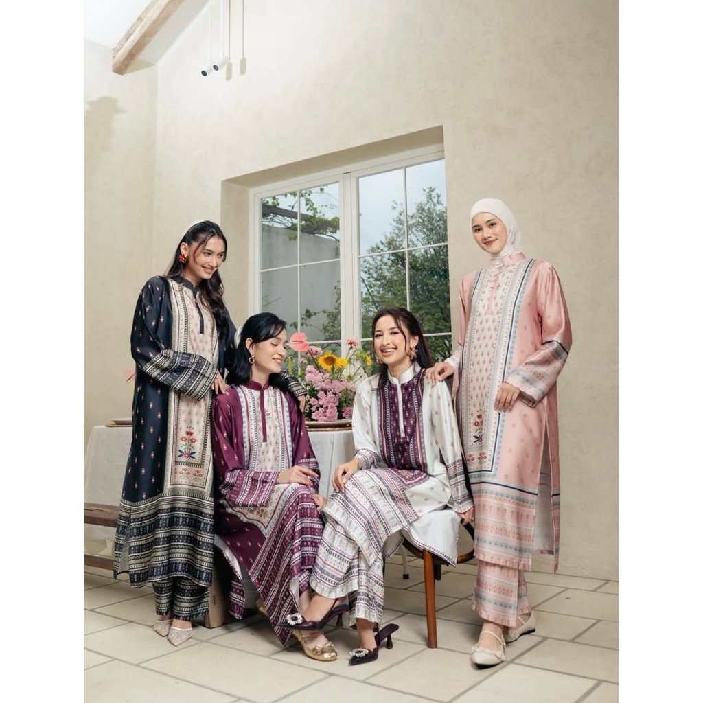 ZAINARA ONE SET LONG TUNIC CELANA SILK PREMIUM PATTERN MEWAH LEBARAN RAYA PEARL PURPLE SOFT PINK CHA