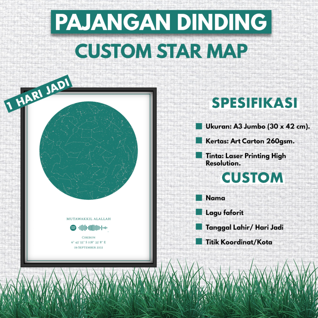 Hiasan Dinding Peta Bintang Custom (Star Map) - Kado Wisuda/Ultah/Nikah