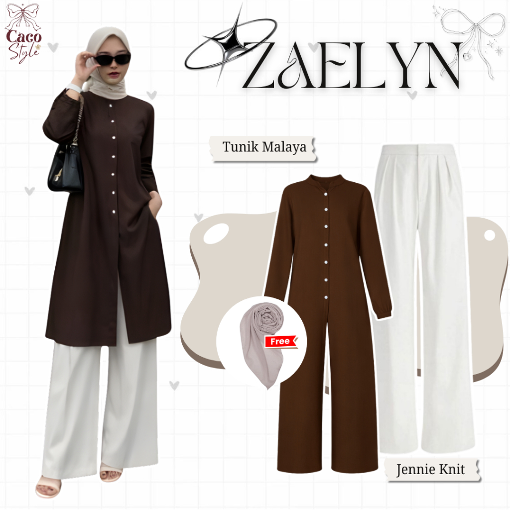 ZAELYN One Set 3In1 Outfit Tunik Lebaran Kekinian  ( Bella Sqaure + Tunik  + Celana Knit )  -  CO137