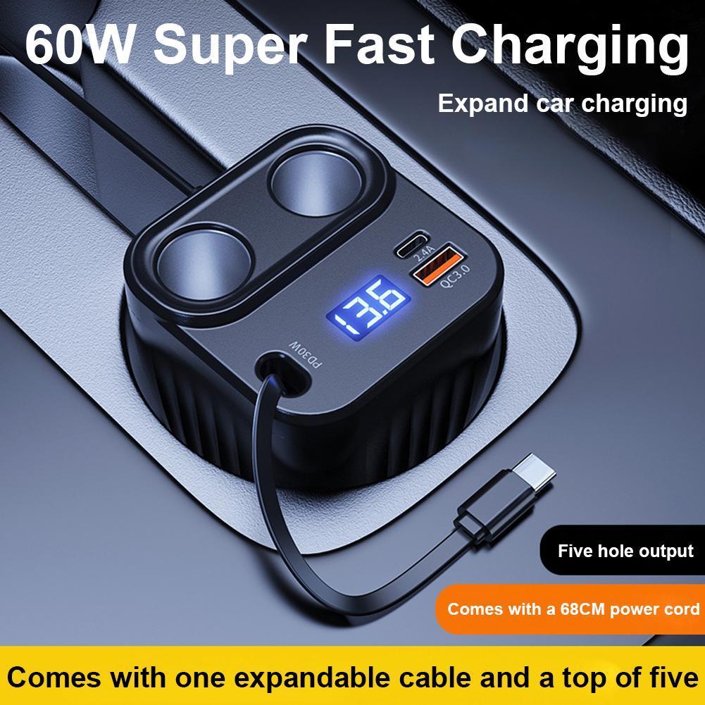 Socket Lighter USB C Fast Charging 60w Spliter Car Charger LCD Voltmeter D33