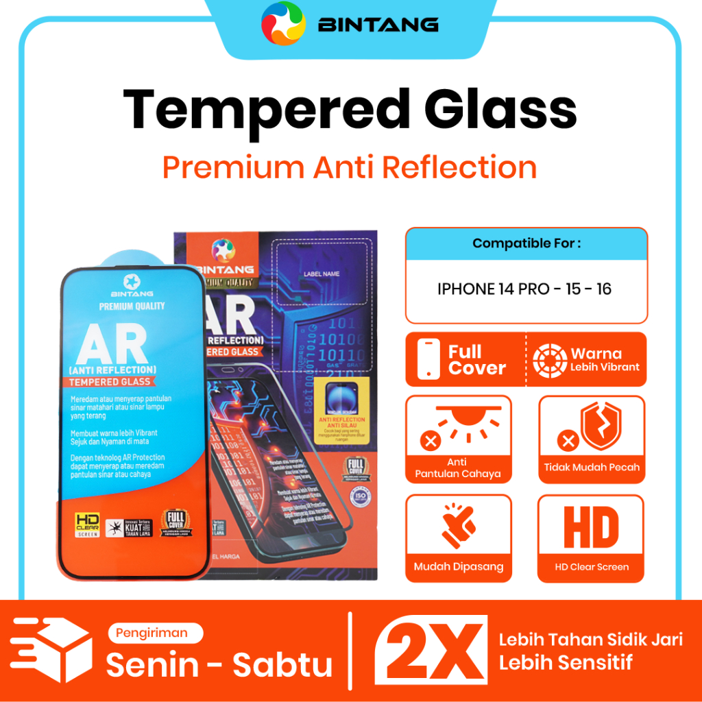BINTANG Tempered Glass Anti Reflection Screen Protector Fullcover For IPhone 14 PRO/15/IP16
