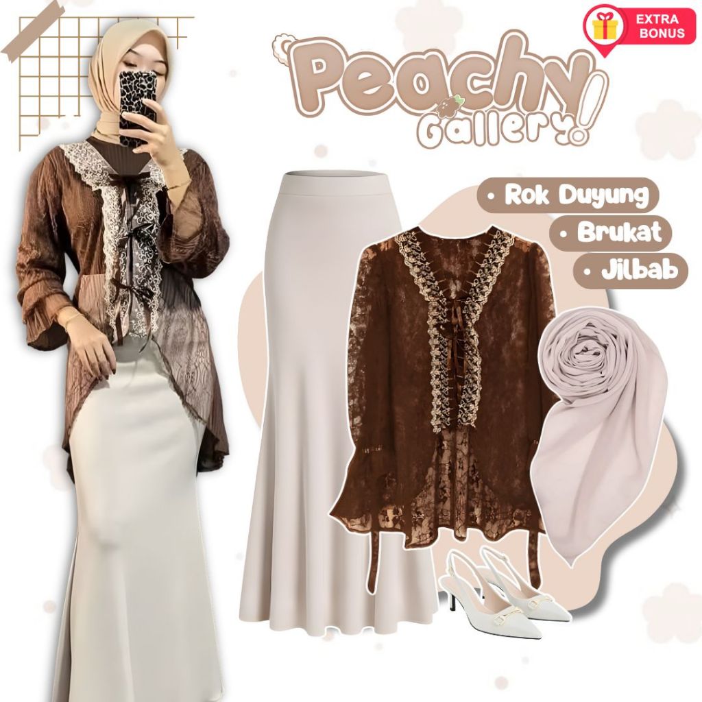 One set 3in1 Outer Brukat Rok Duyung Jilbab Segi Empat | ootd outfit oneset classy lebaran eid mubar