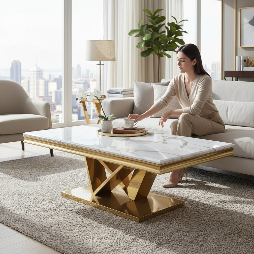 Meja Tamu Top Marmer Elegan Zigzag – Kaki Stainless Gold untuk Ruang Tamu Modern Minimalis