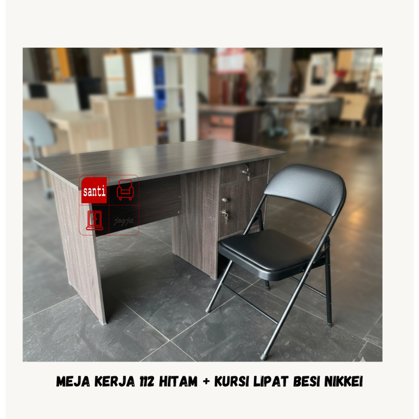 Bundling Meja Kerja 112 hitam + kursi lipat besi nikkei