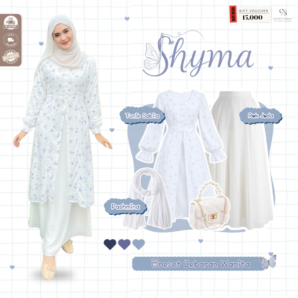 Shadira Outfit Lebaran 2026 ( Pasmina Putih + Tunik + Rok Joda ) Outfit Lebaran Terbaru 2026 - OS214
