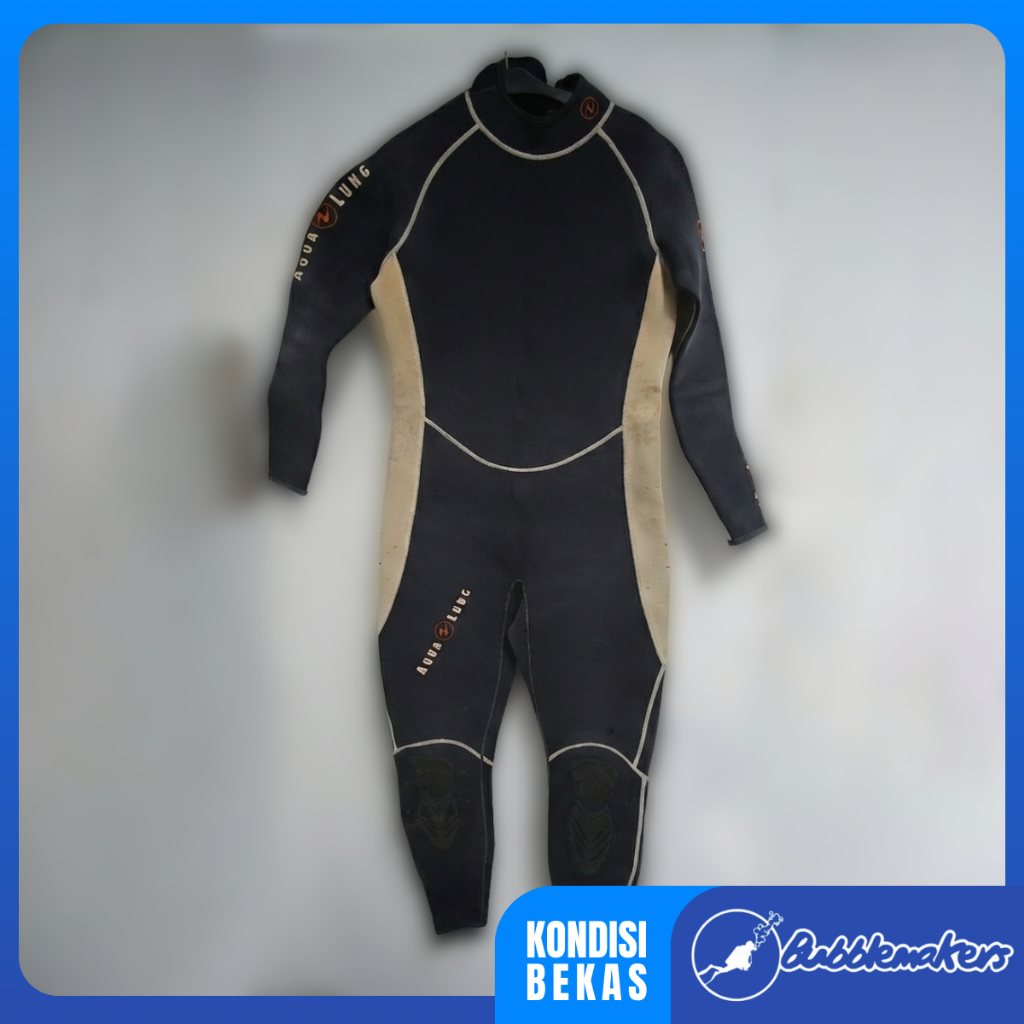 Wetsuit Aqualung 3mm Diving Neoprene Hitam-beige Size LG Kondisi Lapisan Luar Sobek Kecil Sesuai Gam