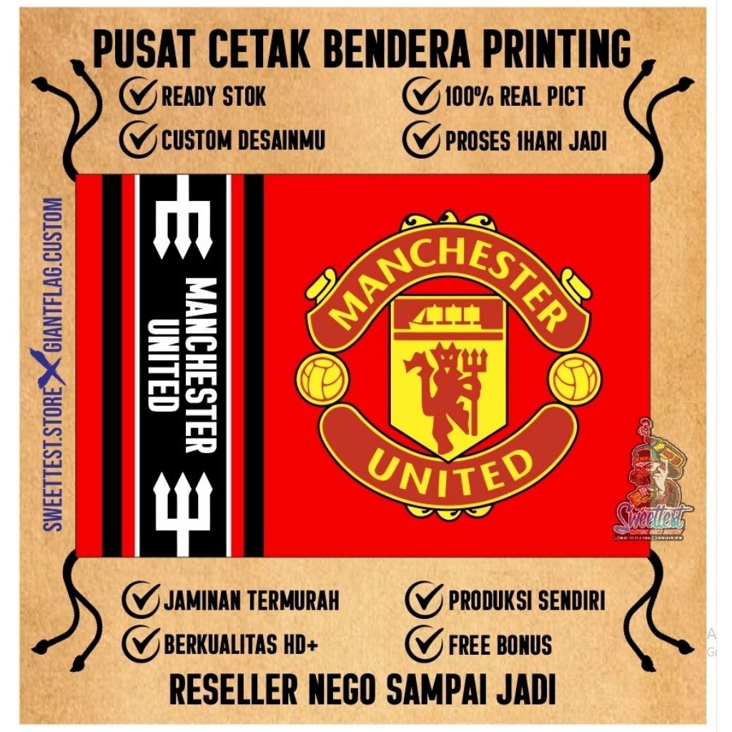 BENDERA 200x300cm, FREE FLAG, STICKER, KUPON BERHADIAH, FLASH SALE, BENDERA PRINTING MANCHESTER UNIT