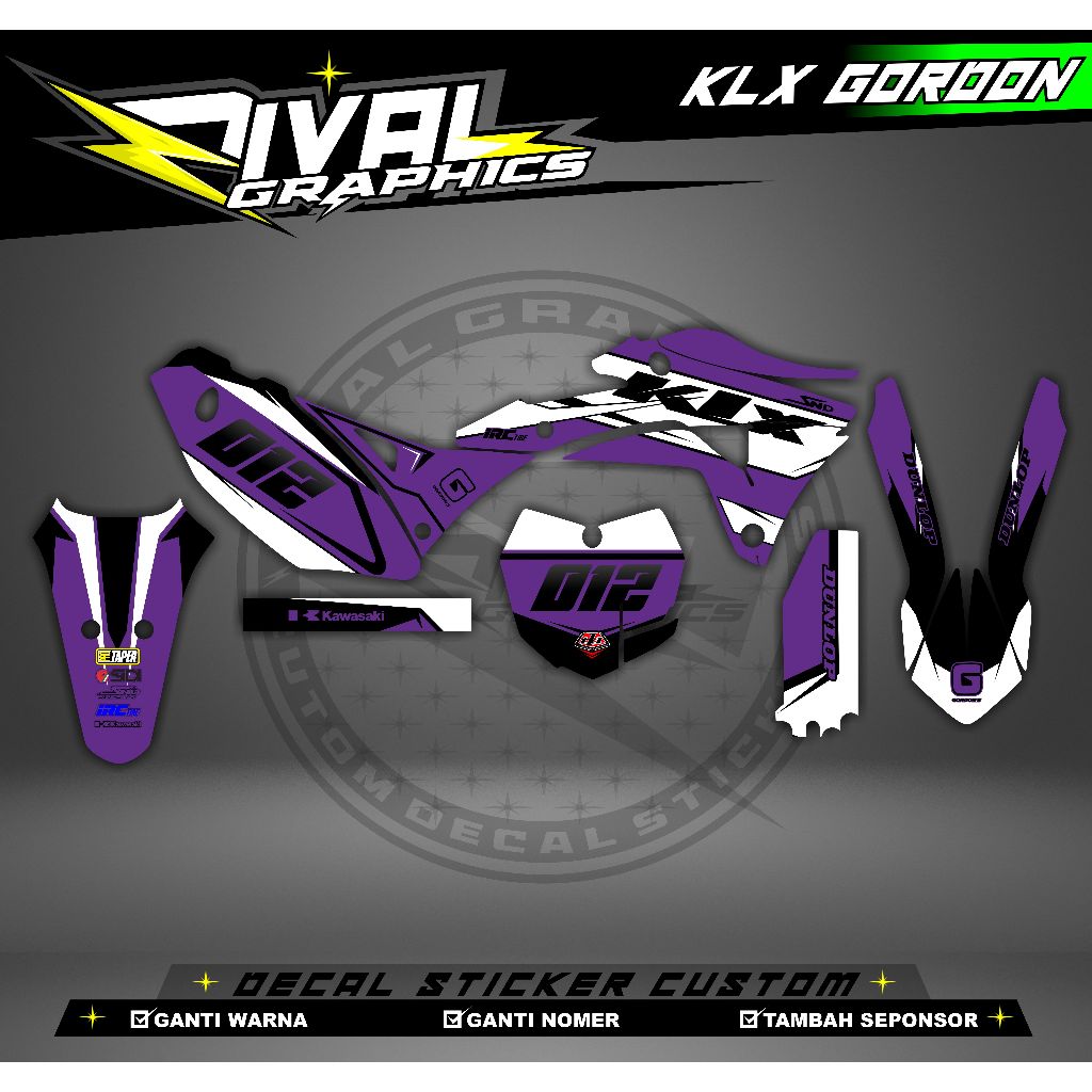 DECAL KLX GORDON GTX KLX GORDON BISA CUSTOM DESAIGN NAMA, NONOR, SPONSOR, WARNA (6)