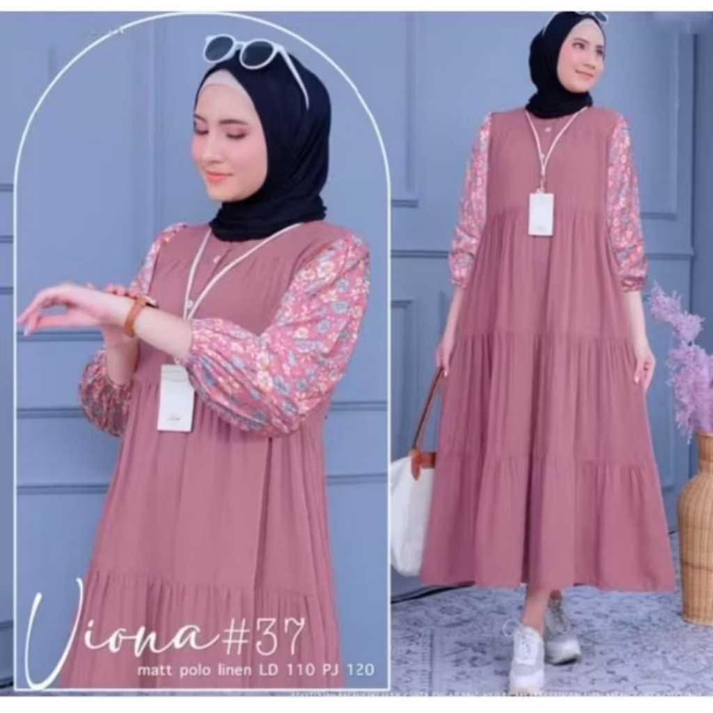 Gamis Lebaran Viona Terbaru Motif Polos Crinkle Lengan Bunga Rayon