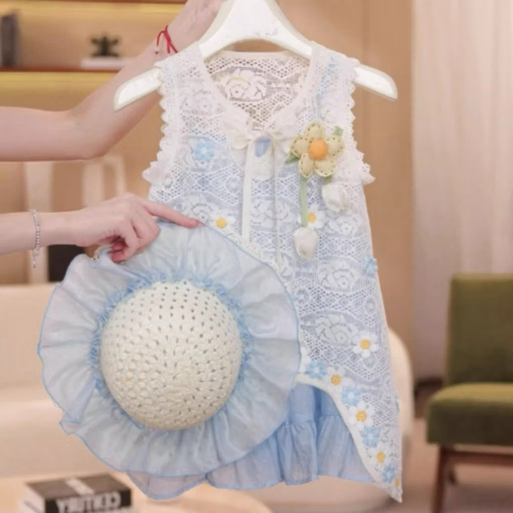 Serieskids dress brukat 3in1 topi pantai anak perempuan usia 1-10 tahun / dress topi brukat pantai a