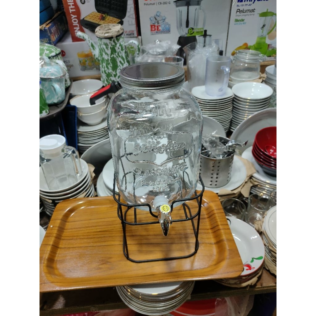 Dispenser Kaca Yorkshire Set Rak Besi 4L 5L 8L - Galon Keran Minuman Mewah