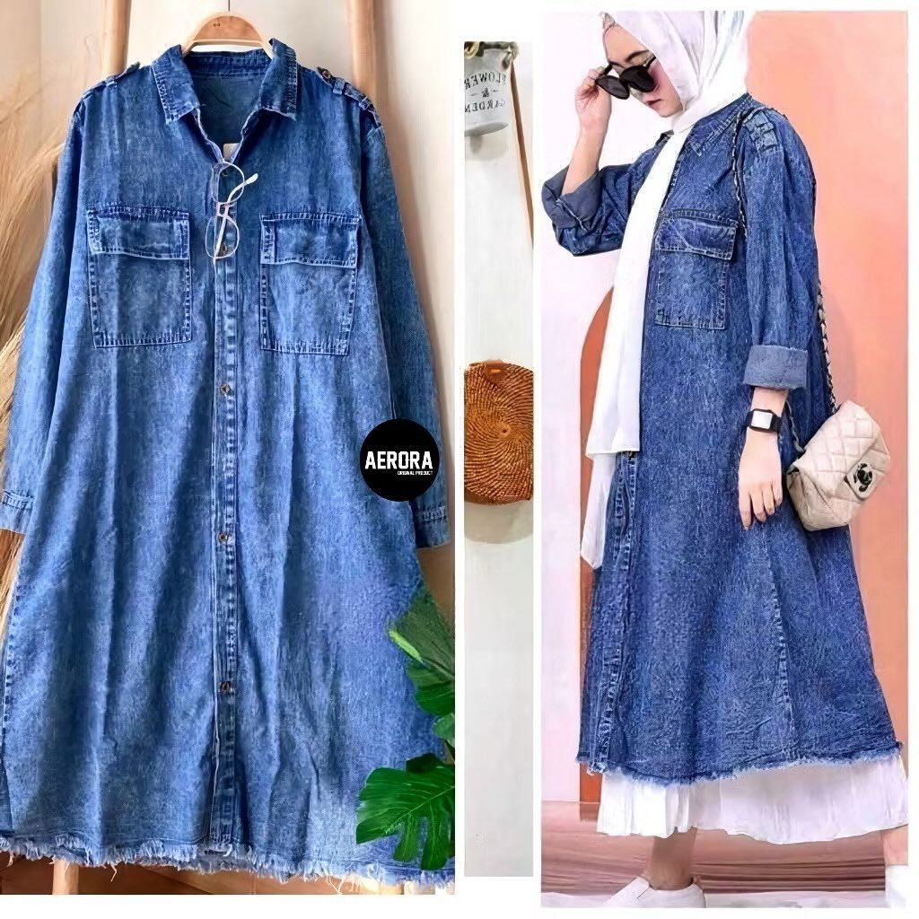 Pakaian Wanita  aurora tunik jeans Simple Mewah Dan Elrgan Kancing Denpan Full