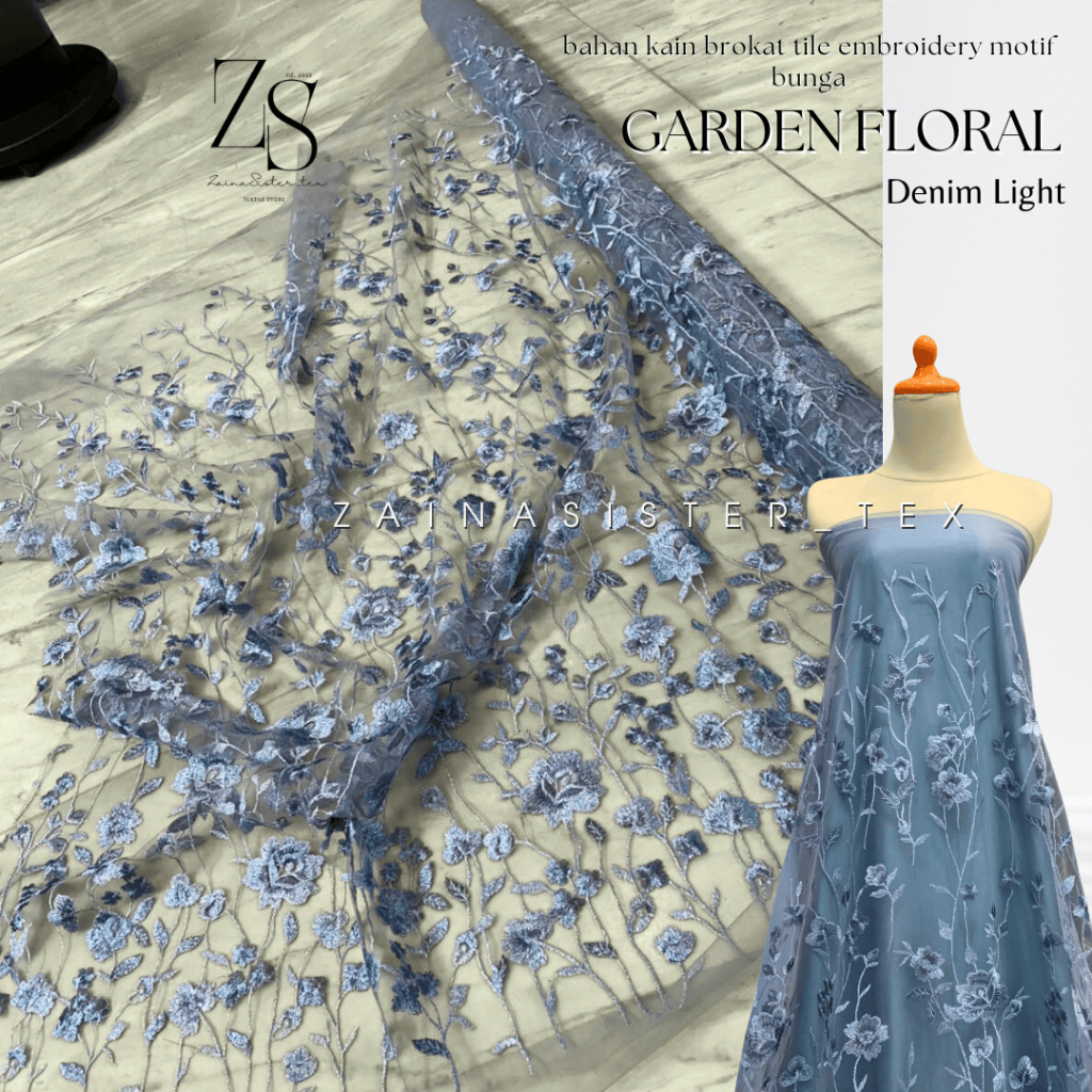 Bahan Kain Kebaya Mewah Brokat Tile Embroidery Motif Bunga Garden Floral Motif Kekinian Warna Biru D