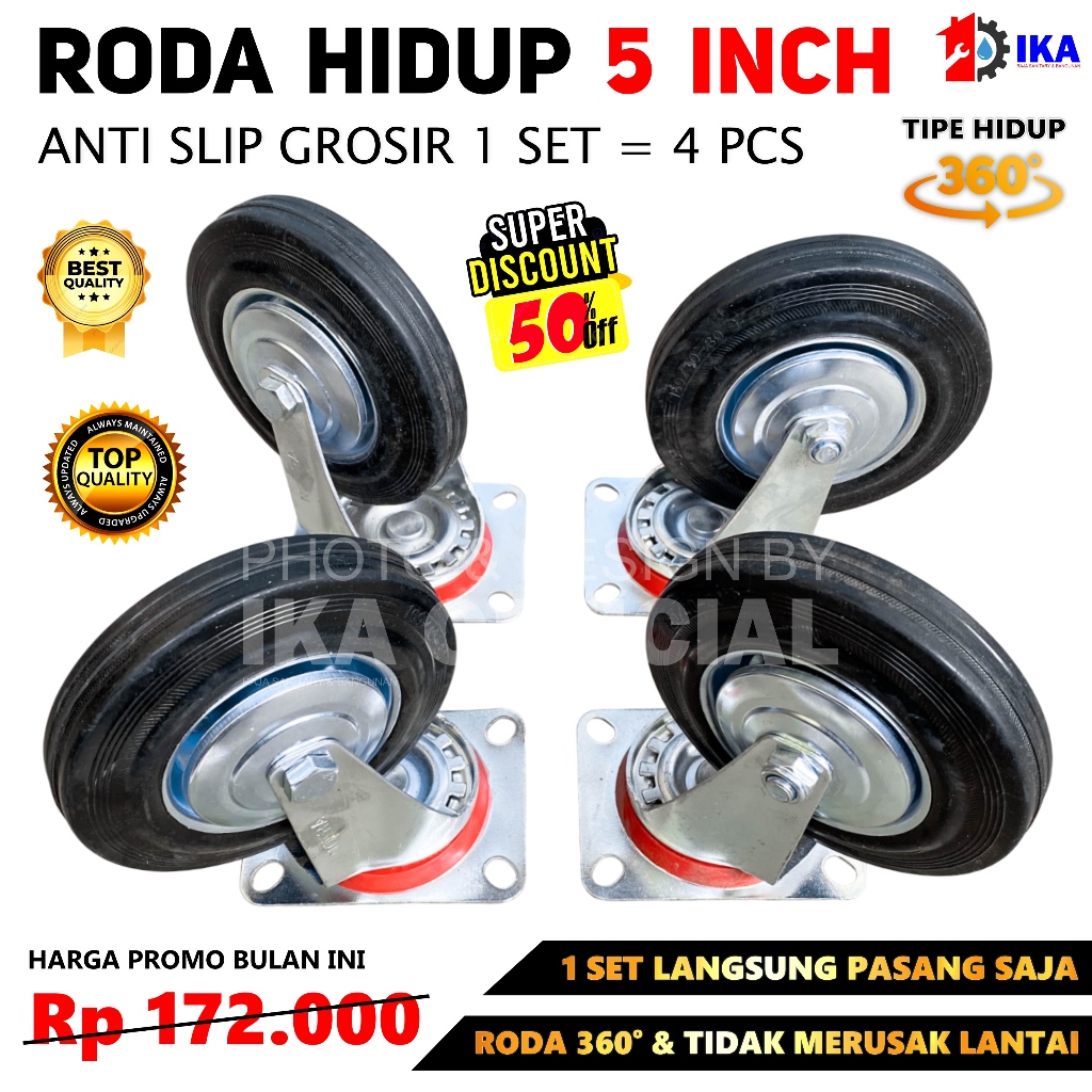 1 set Roda Karet Troli 5 Inch Hidup Kualitas Bagus / 4 PCS roda troli karet 5” inch set 2 pcs roda h