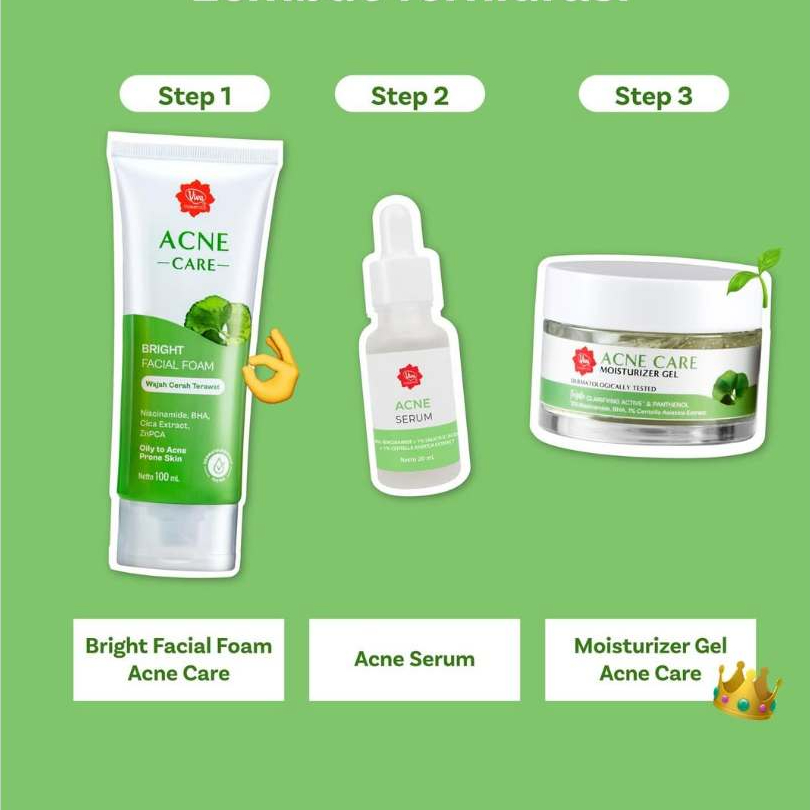 Paket 3in1 Viva Acne Care Set | Facial Foam 100 ml + Acne Serum 20 ml + Moisturizer Gel 30 g | Kulit
