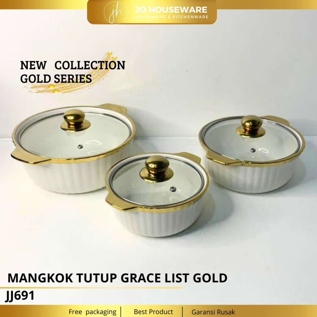 Mangkok Saji Tutup Kaca Grace List Gold Keramik Premium Unik  / Set Mangkok Keramik Tutup kaca JJ691