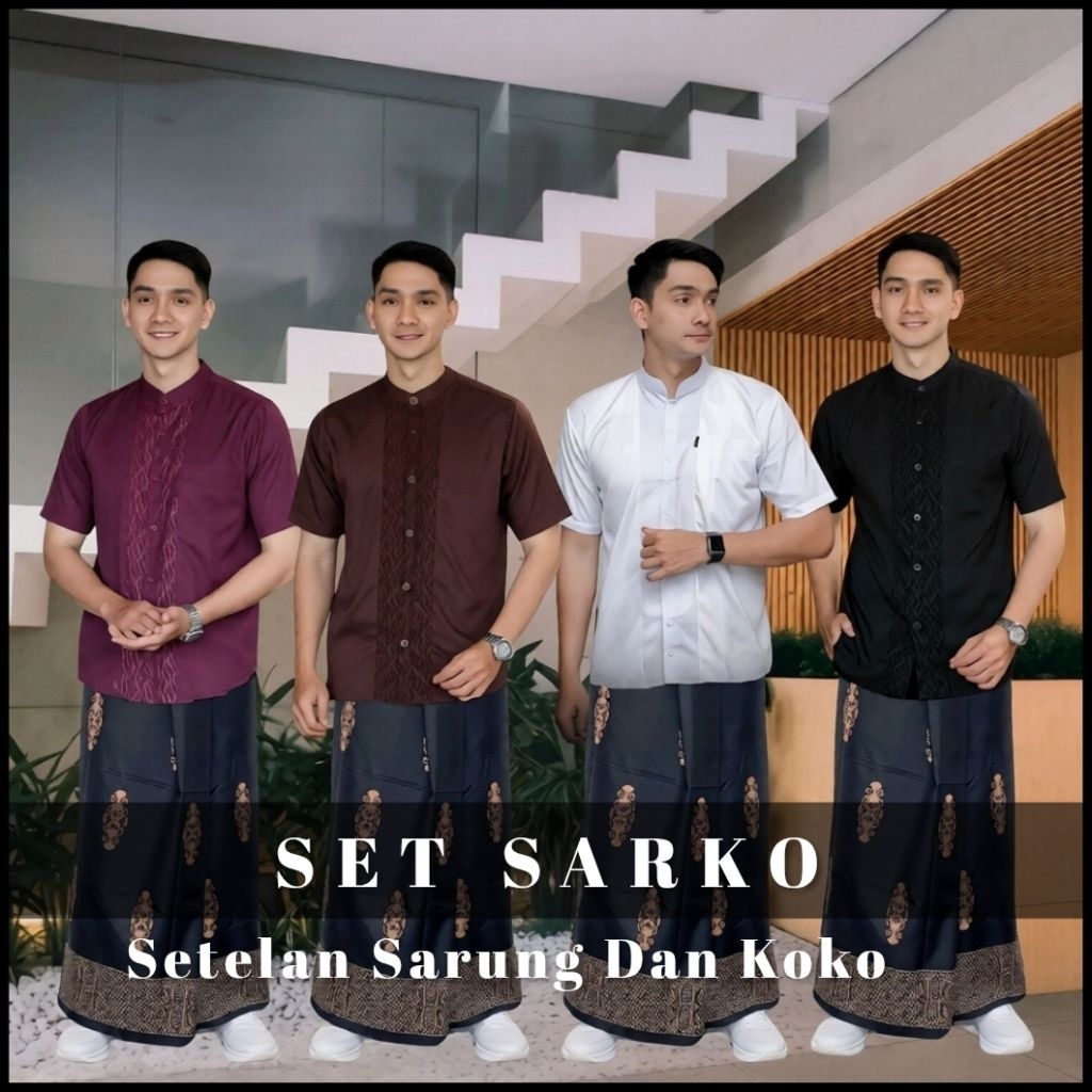 Set Sarko Setelan Sarung Dan Baju Koko Lengan Pendek Motif Yusuf Sarung Motif Sarwon Baju Koko Pria 
