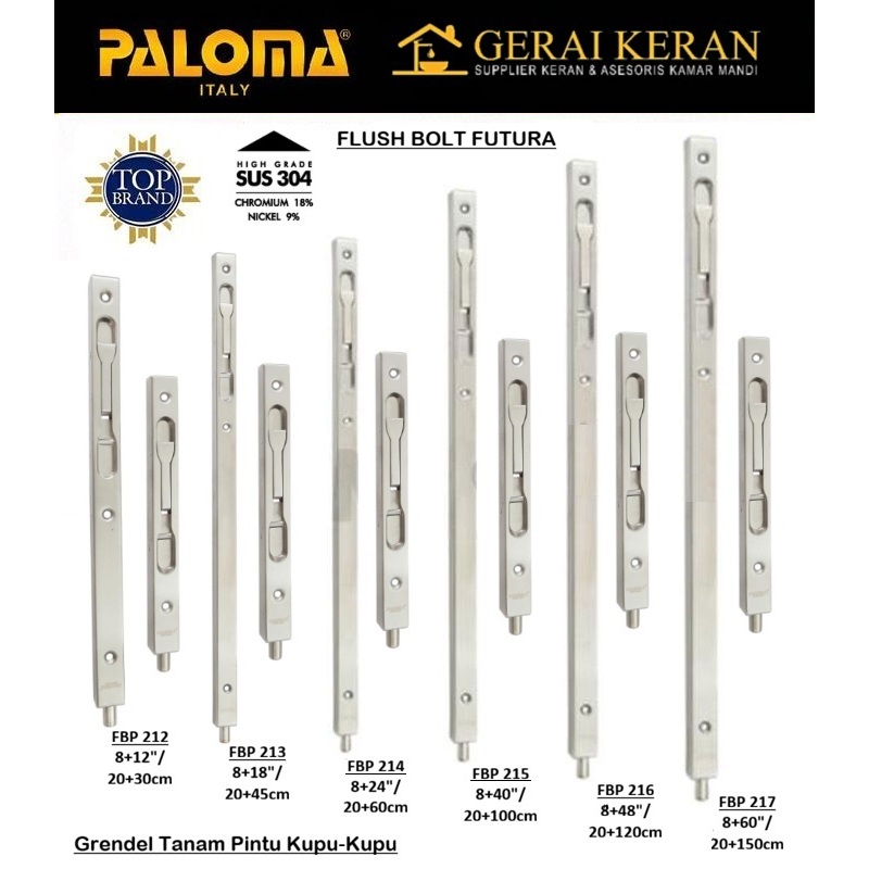 PALOMA FBP 212 213 214 215 216 217 Grendel Tanam Pintu Double Kupu Kupu Tarung Flush Bolt Stainless 